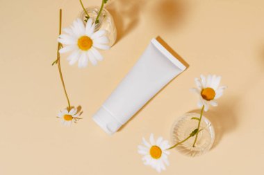 Bej izole edilmiş arka planda papatya çayı ile yüz nemlendirici beyaz modelleme tüpünün yatay görüntüsü. Cilt, yüz kremi ve kendine bakım için doğal kozmetik kavramı