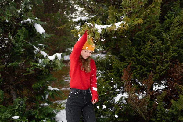 Örgü kazaklı genç bir kadın yeşil bir Noel ağacından kar sallıyor ve dışarıda eğleniyor.