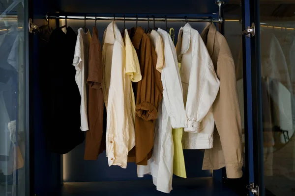 A variety of clothes hang in a cabinet with lighting and glass doors. The concept of storing clothes in the wardrobe, stylization of the look, baer services