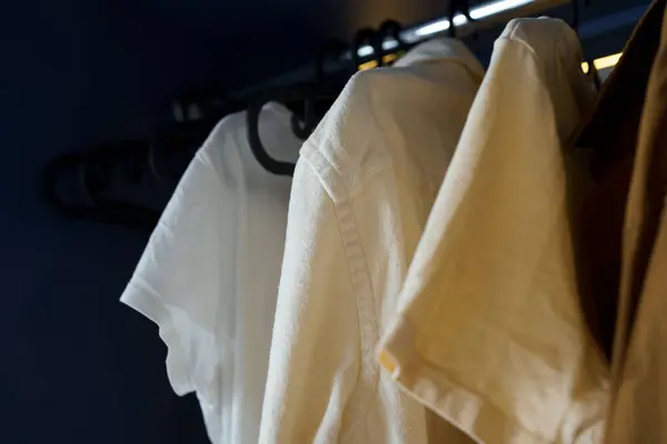 Close-up of shirt and t-shirt on hangers in closet