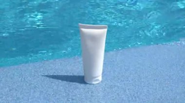 Havuzun kenarında, mavi hareketli suyun yanında beyaz, boş bir krem tüpü. Cilt, nemlendirici ve bakım için güneş kremi kavramı