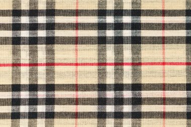 Kyiv, Ukrayna - 26 Ekim 2023: Burberry tartan kumaşının bej, siyah ve kırmızı dokusu. Tasarımınız için arkaplan