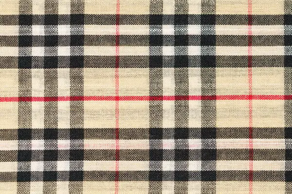 Kyiv, Ukrayna - 26 Ekim 2023: Burberry tartan kumaşının bej, siyah ve kırmızı dokusu. Tasarımınız için arkaplan