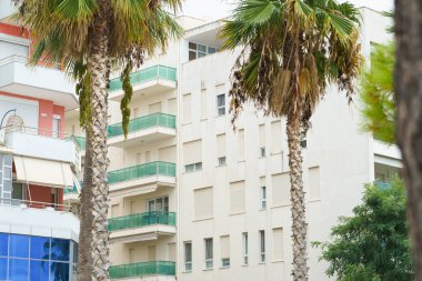 Arnavutluk 'ta deniz kıyısı yakınlarında palmiye ağaçları bulunan Akdeniz tarzı modern minimalist apartmanlar. Yabancı gayrimenkul kavramı, dijital göçebeler, tatil köyündeki kiralık daireler.