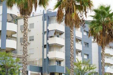 Arnavutluk 'ta deniz kıyısı yakınlarında palmiye ağaçları bulunan Akdeniz tarzı modern minimalist apartmanlar. Yabancı gayrimenkul kavramı, dijital göçebeler, tatil köyündeki kiralık daireler.