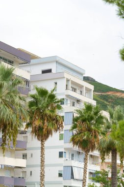 Arnavutluk 'ta deniz kıyısı yakınlarında palmiye ağaçları bulunan Akdeniz tarzı modern minimalist apartmanlar. Yabancı gayrimenkul kavramı, dijital göçebeler, tatil köyündeki kiralık daireler.