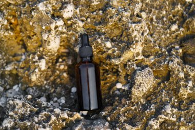 Deniz kenarındaki kireçtaşı kayanın üzerinde pipet kutusuyla kahverengi cam serum kavanozu. Cilt bakımı ve restorasyonu için doğal kozmetik ürünleri, güzellik ürünleri.