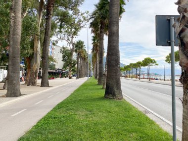 Vlora, Arnavutluk - 16 Ocak 2025: Palmiye ağaçları ve tatil köyü mimarisi ile deniz kenarındaki sakin cadde. Huzurlu ve tropikal ortam, tatil içeriği ve seyahat ilhamı için ideal.