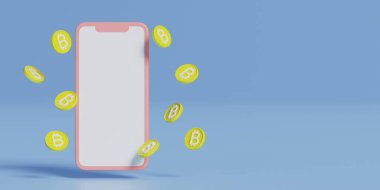 Pastel mavi arka planda akıllı telefon ve bitcoin para