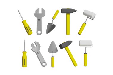 repair concept. A screwdriver, an adjustable wrench, a spatula, a hammer, a roller for painting walls. Set of objects on a white background. Realistic in the style of a childrens cartoon. different