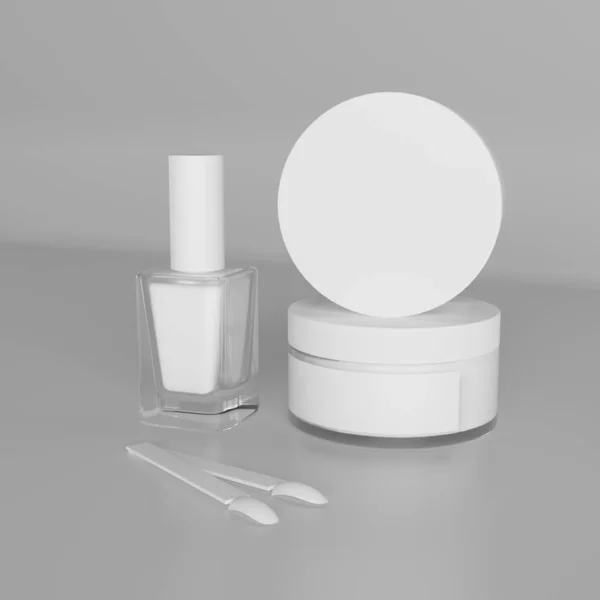 3d rendering of empty white bottle of polish and nail demo display palette