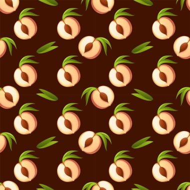 şeftali rengi karikatür çizimi, ambalaj kağıdı için yeşil yapraklı desen