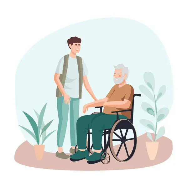 Enfermero Para Personas Con Discapacidad Acompañando Anciano Silla Ruedas — Archivo Imágenes Vectoriales