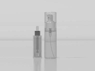 Bahar mekanizması olan şeffaf köpük pompa şişesinin minimalist maketi. Kozmetik veya cilt ürünleri paketleme tasarımlarını göstermek için ideal.