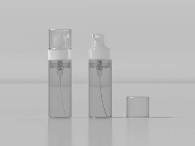 Bahar mekanizması olan şeffaf köpük pompa şişesinin minimalist maketi. Kozmetik veya cilt ürünleri paketleme tasarımlarını göstermek için ideal.