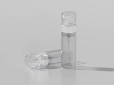 Bahar mekanizması olan şeffaf köpük pompa şişesinin minimalist maketi. Kozmetik veya cilt ürünleri paketleme tasarımlarını göstermek için ideal.