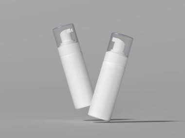 Bahar mekanizması olan şeffaf köpük pompa şişesinin minimalist maketi. Kozmetik veya cilt ürünleri paketleme tasarımlarını göstermek için ideal.