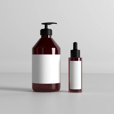 3 boyutlu kehribar tulumba ve temiz beyaz arka planda beyaz etiketli damlalar. Kozmetik, cilt bakımı ya da güzellik ürünleri markalaşması için ideal