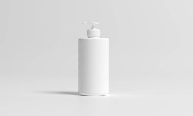 Minimalist, beyaz plastik bir şişe, pompalı, nötr ışık arka planında izole edilmiş. Ürün markalaşması, ambalaj tasarımı ve reklamcılık için mükemmel..