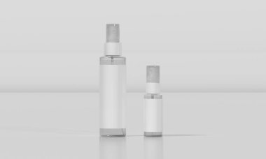 Üç boyutlu, farklı boyutlarda, beyaz etiketli iki saydam sprey boya şişesi. Kozmetik, cilt bakımı ya da ilaç ürünleri için minimalist ambalaj modeli