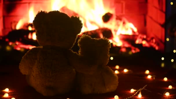 Two Teddy Bears Sitting Hugging Looking Fireplace Flame Valentines Day — Stock Video