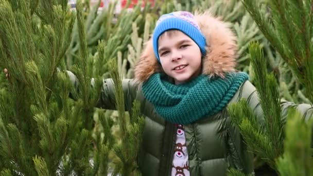 Μικρό Αγόρι Έφηβος Ένα Καπέλο Και Ένα Πράσινο Πλεκτό Κασκόλ — Αρχείο Βίντεο
