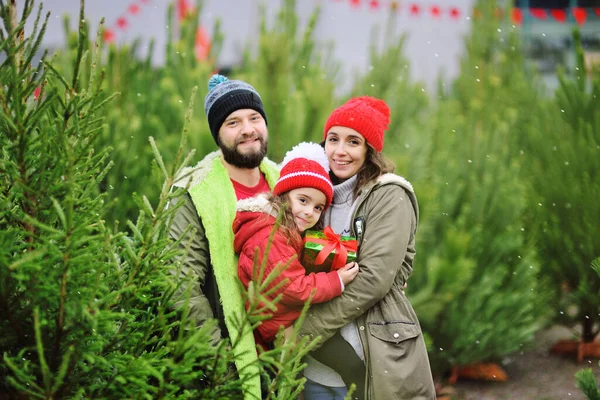 Ebeveynler küçük kızlarını ellerinde bir Noel hediyesiyle kollarında tutarlar ve birçok Noel ağacı ve karlı zemine karşı gülümserler..