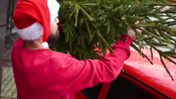 赤いセーターとサンタの帽子の若い男が赤いレトロな車の屋根にクリスマスツリーを結んでいます — ストック動画