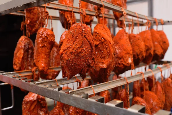 Mouth Watering Pieces Pork Delicacies Paprika Seasonings Hung Metal Rack — Zdjęcie stockowe