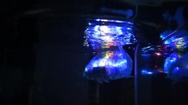 robot fish swims in the aquarium at the robotics exhibition. A toy fish with LEDs on the body.
