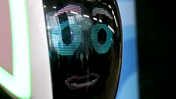 Cute Funny Robot Robotics Exhibition Smiles Surprised Depicts Various Emotions — Wideo stockowe