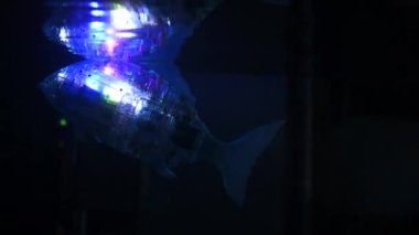 Rostov-on-Don, Russian Federation - December 27, 2022.Robot fish swims in the aquarium at the robotics exhibition. A toy fish with LEDs on the body.