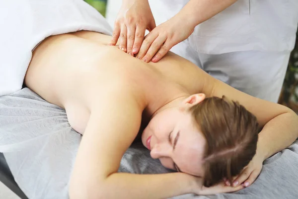 the masseur massages the back, lower back, shoulders and neck of a young woman against the background of a bright office and greenery.