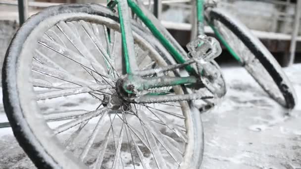 Zöld Retro Kerékpár Jég Háttérben Télen Súlyos Fagy — Stock videók