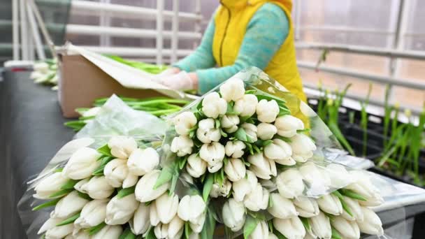 Fleuriste Vendeur Fleurs Recueille Bouquet Tulipes Blanches Sur Fond Une — Video