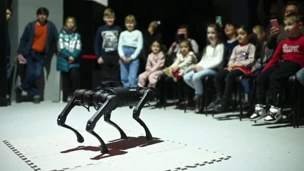 Rostov Don 俄罗斯联邦 2022年12月27日 一个导盲犬机器人在参观机器人展览的孩子们面前指挥和跳舞 — 图库视频影像