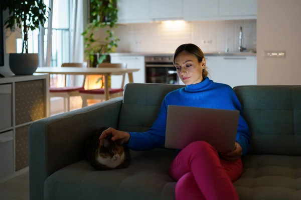 女性のフリーランスは リビングルームのペット猫にソファに座って 専門的な開発のためにラップトップでウェビナーを見ています カジュアル女の子大好き自分のペットビデオ通話を介して友人や親戚と一緒に — ストック写真