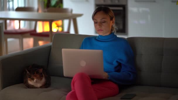 在家里工作的专注的白人女商人坐在沙发上 膝上型笔记本电脑 对员工进行远程控制 他在和客户通电话 还爱抚猫 — 图库视频影像