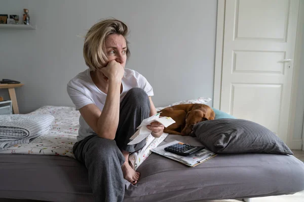 Depressed Middle Aged Woman Looks Away Get Distracted Financial Crisis — Stockfoto