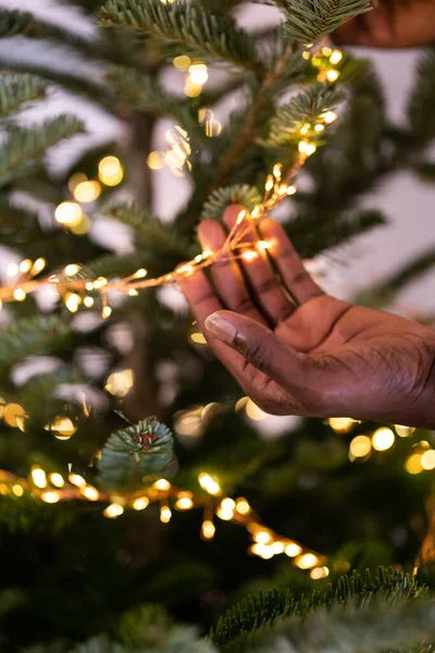 Getting into Christmas mood. African man hands decorating live xmas tree with LED garland, black guy stringing lights on firtree while preparing house for winter holiday season, shallow depth of field