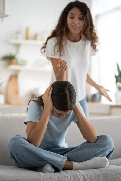 Depressed Teen Girl Covering Ears Listen Angry Furious Mother Standing — Stock Photo, Image