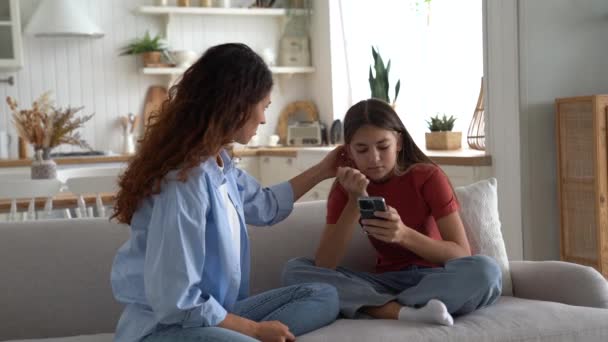 Woman Mom Comforting Crying Teen Daughter Mindful Mother Schooler Girl — Stock Video