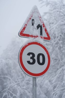 Closeup of warning traffic sign speed limit 30 km. Snowy driveway. Mountain road in Europe, trees covered by snow. Winter forest after snowfall. Bad weather, fog, overcast concept