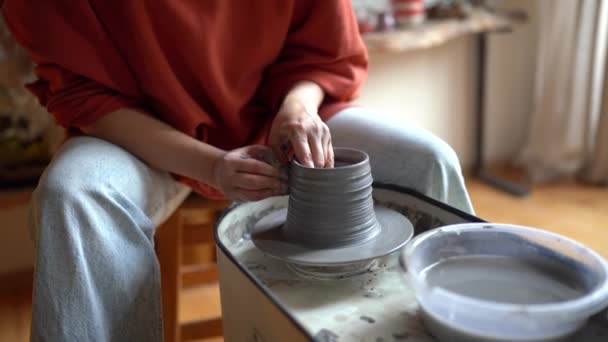 Hands Woman Making Earthenware Jug Using Rotating Pottery Plate Subsequent — Vídeo de Stock