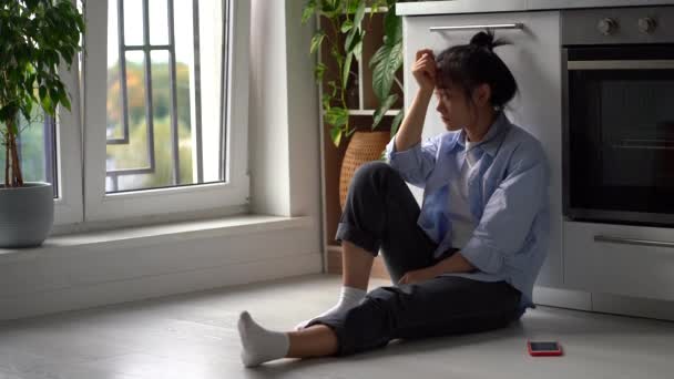 Upset Depressed Asian Girl Suffering Breakup Heartbroken Frustrated Woman Sits — Vídeo de stock