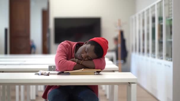 Lazy African Male Student Falling Asleep Study Feeling Drowsy While — Stockvideo