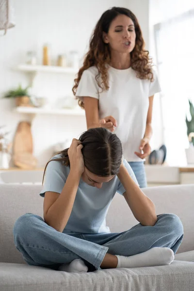 Depressed Teen Girl Covering Ears Listen Angry Furious Mother Standing — Stock Photo, Image