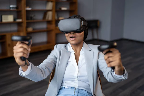 Excited Businesswoman Virtual Reality Glasses Hold Remote Controller Joystick Test — Stock fotografie