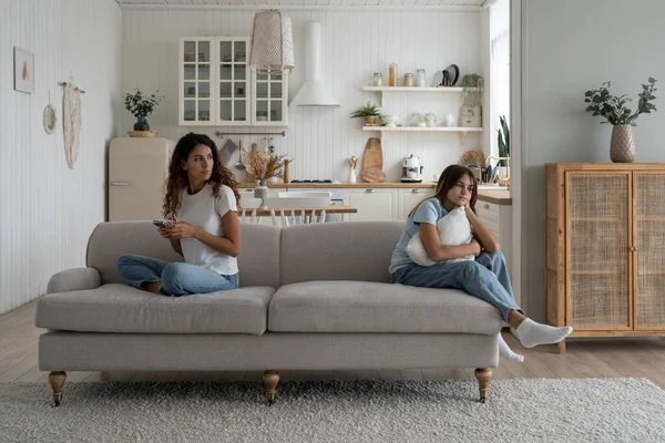 Lonely Bored Teenage Girl Child Sitting Sofa Working Online Mother — Stock Photo, Image