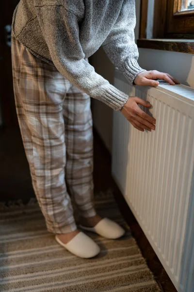 Closeup Woman Warming Her Hands Heater Home Cold Winter Days — Stok fotoğraf